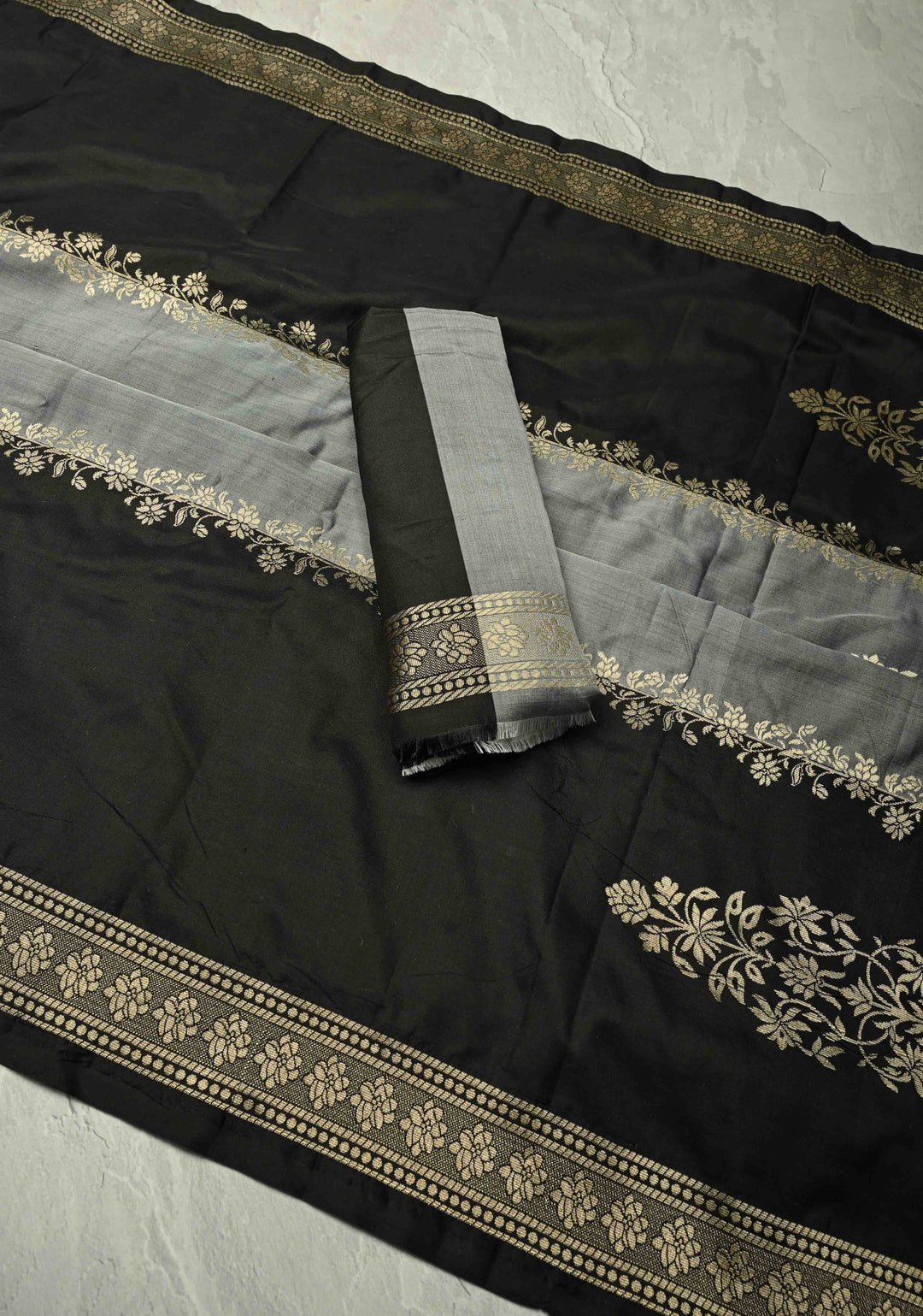 Black-Gray Banarasi Katan Silk Saree with Vine Zari Stripes and Zari Border | SILK MARK CERTIFIED