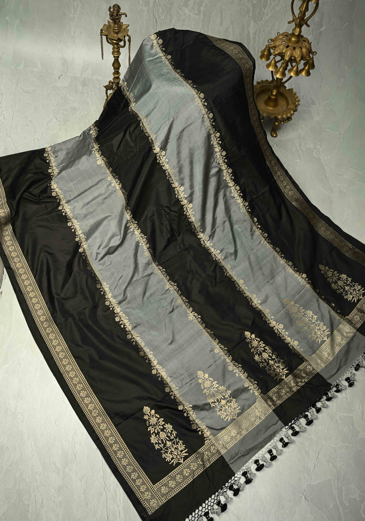 Black-Gray Banarasi Katan Silk Saree with Vine Zari Stripes and Zari Border | SILK MARK CERTIFIED