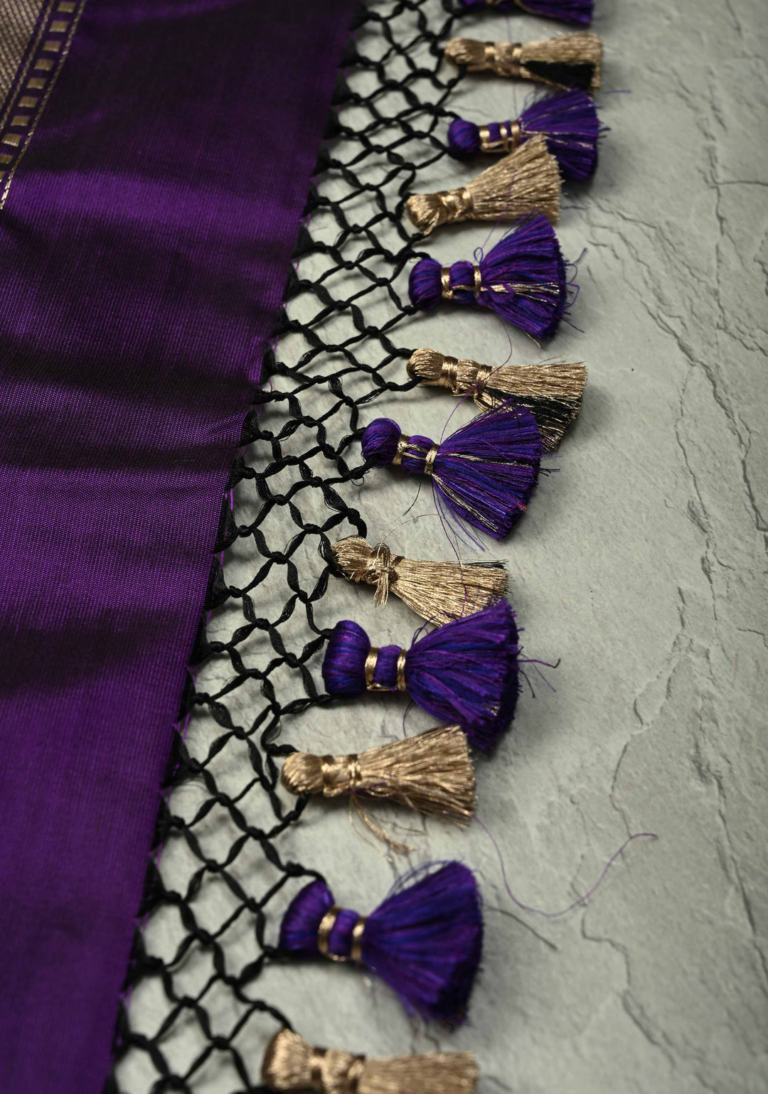 Eggplant Purple Banarasi Katan Silk Saree with and Ganga Ghat Temple Zari Border | SILK MARK CERTIFIED