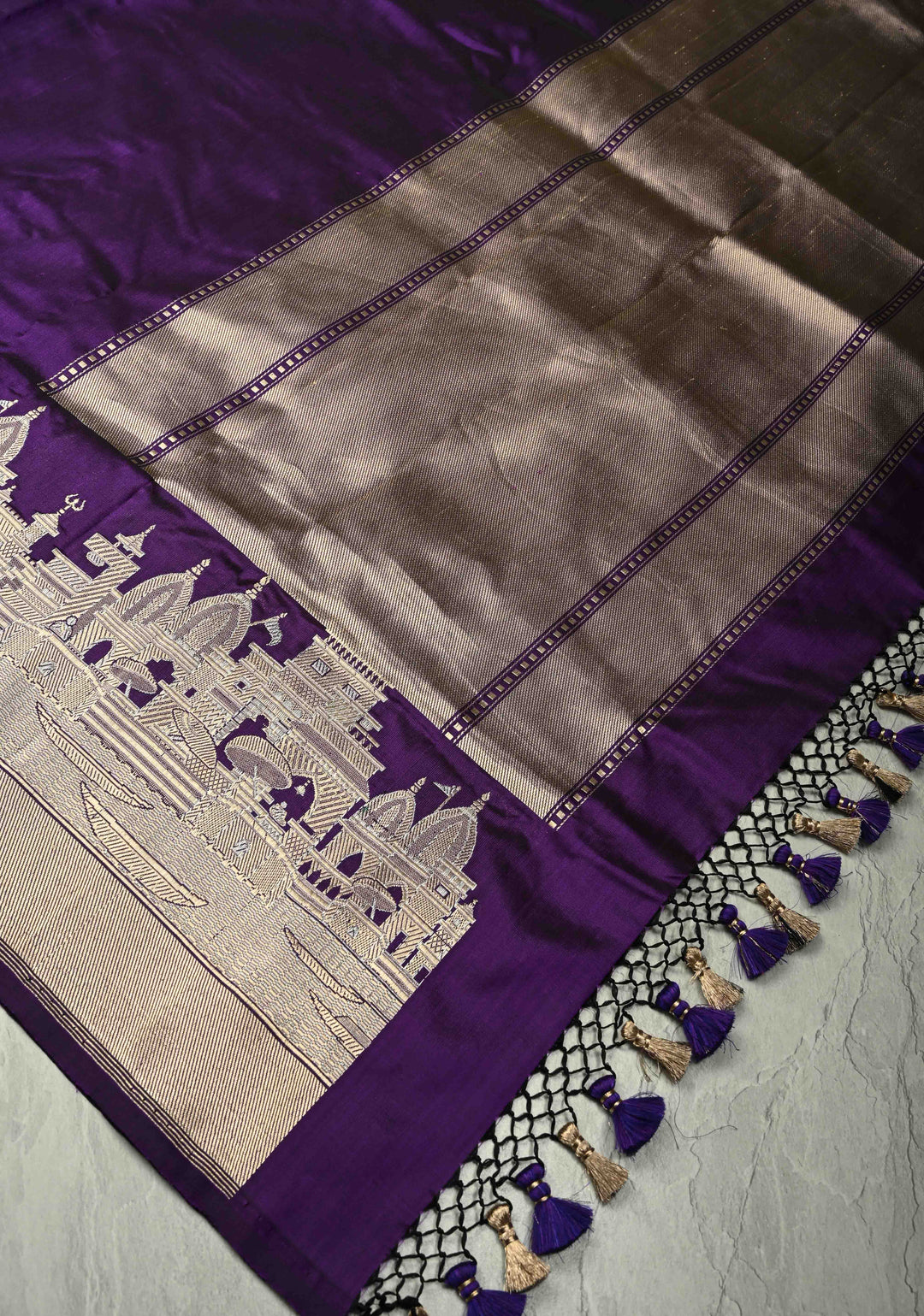 Eggplant Purple Banarasi Katan Silk Saree with and Ganga Ghat Temple Zari Border | SILK MARK CERTIFIED