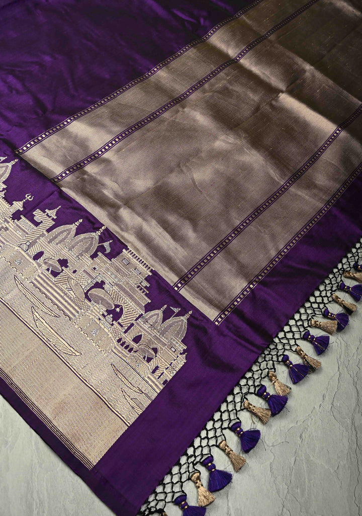 Eggplant Purple Banarasi Katan Silk Saree with and Ganga Ghat Temple Zari Border | SILK MARK CERTIFIED