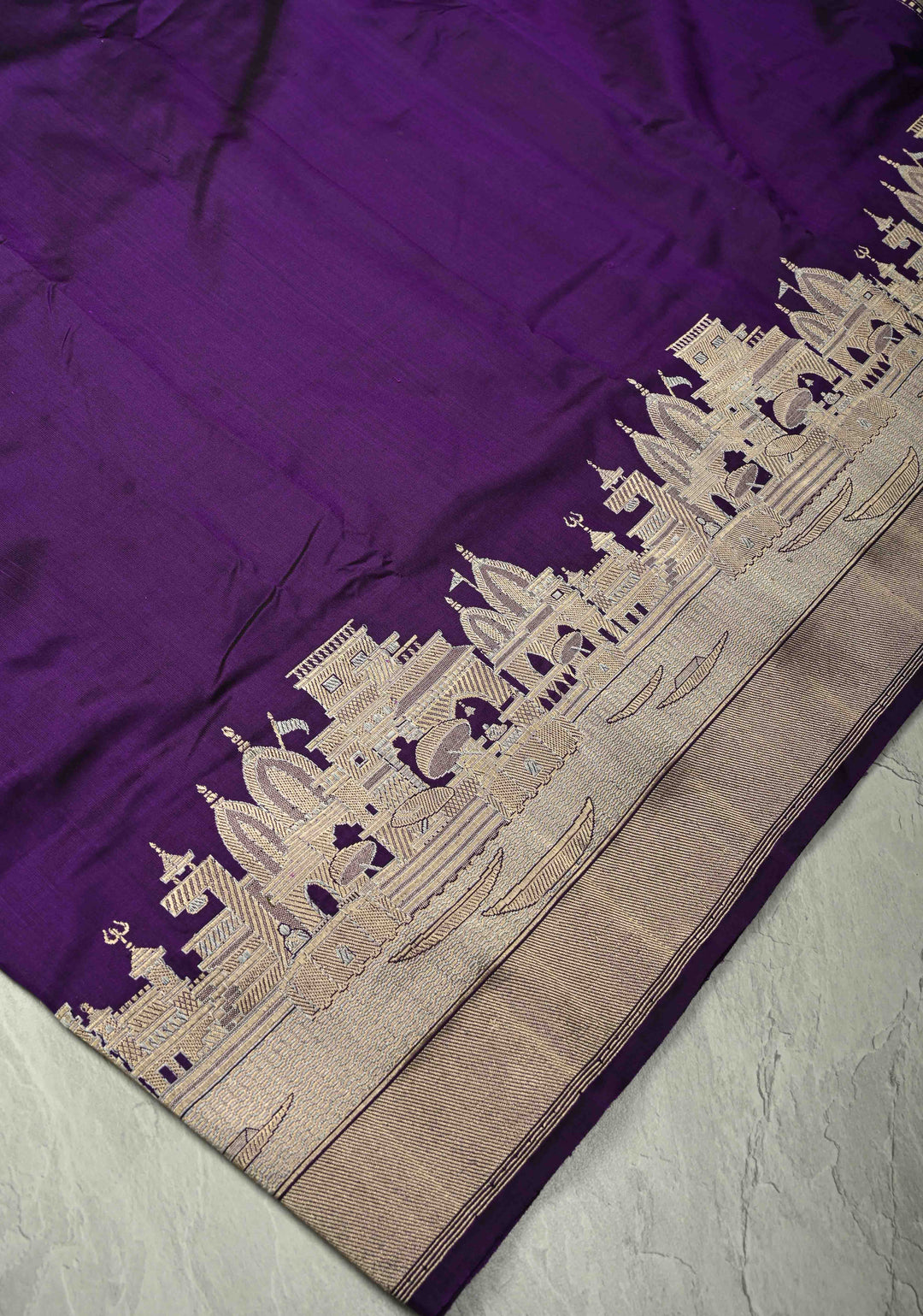 Eggplant Purple Banarasi Katan Silk Saree with and Ganga Ghat Temple Zari Border | SILK MARK CERTIFIED