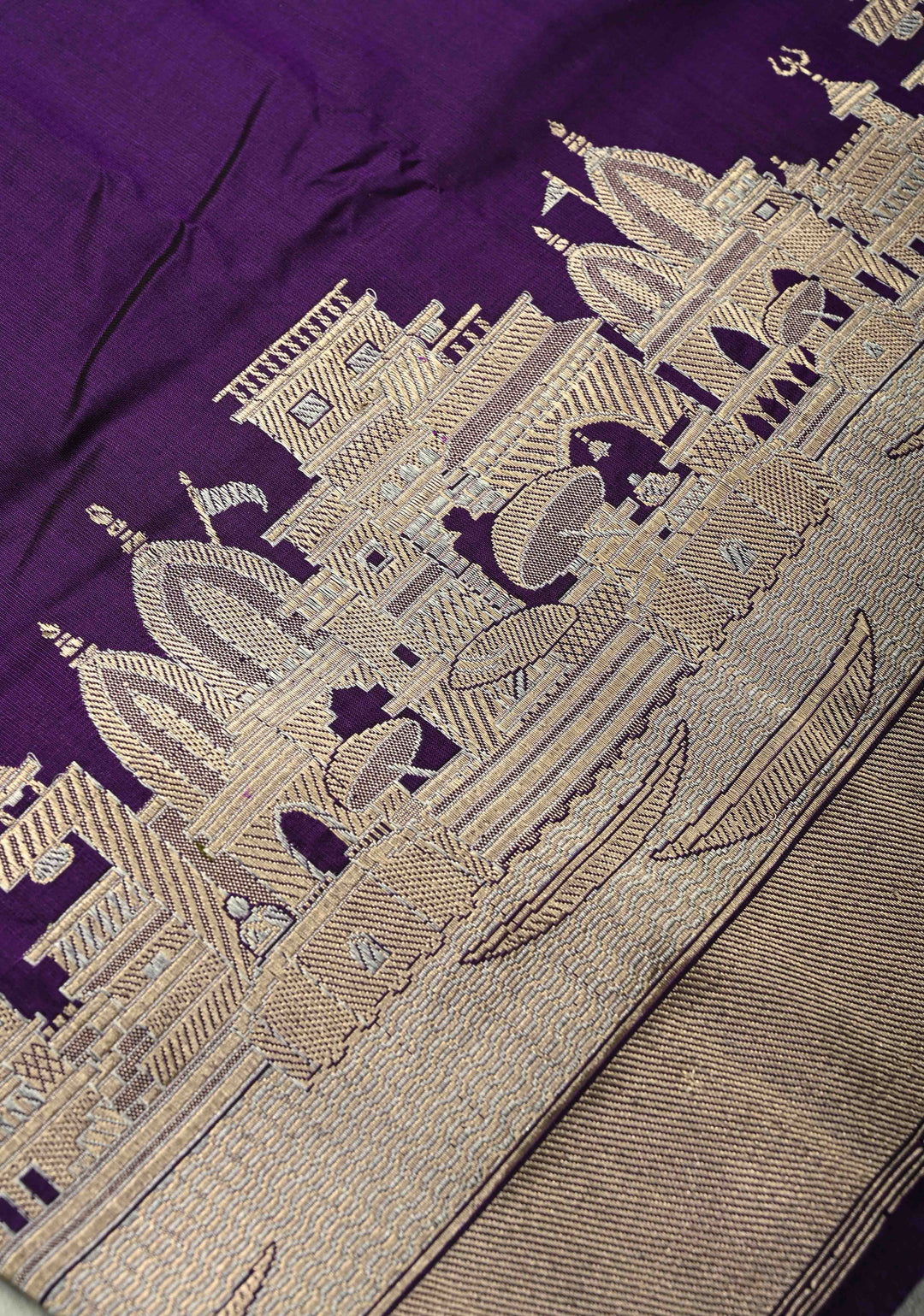 Eggplant Purple Banarasi Katan Silk Saree with and Ganga Ghat Temple Zari Border | SILK MARK CERTIFIED