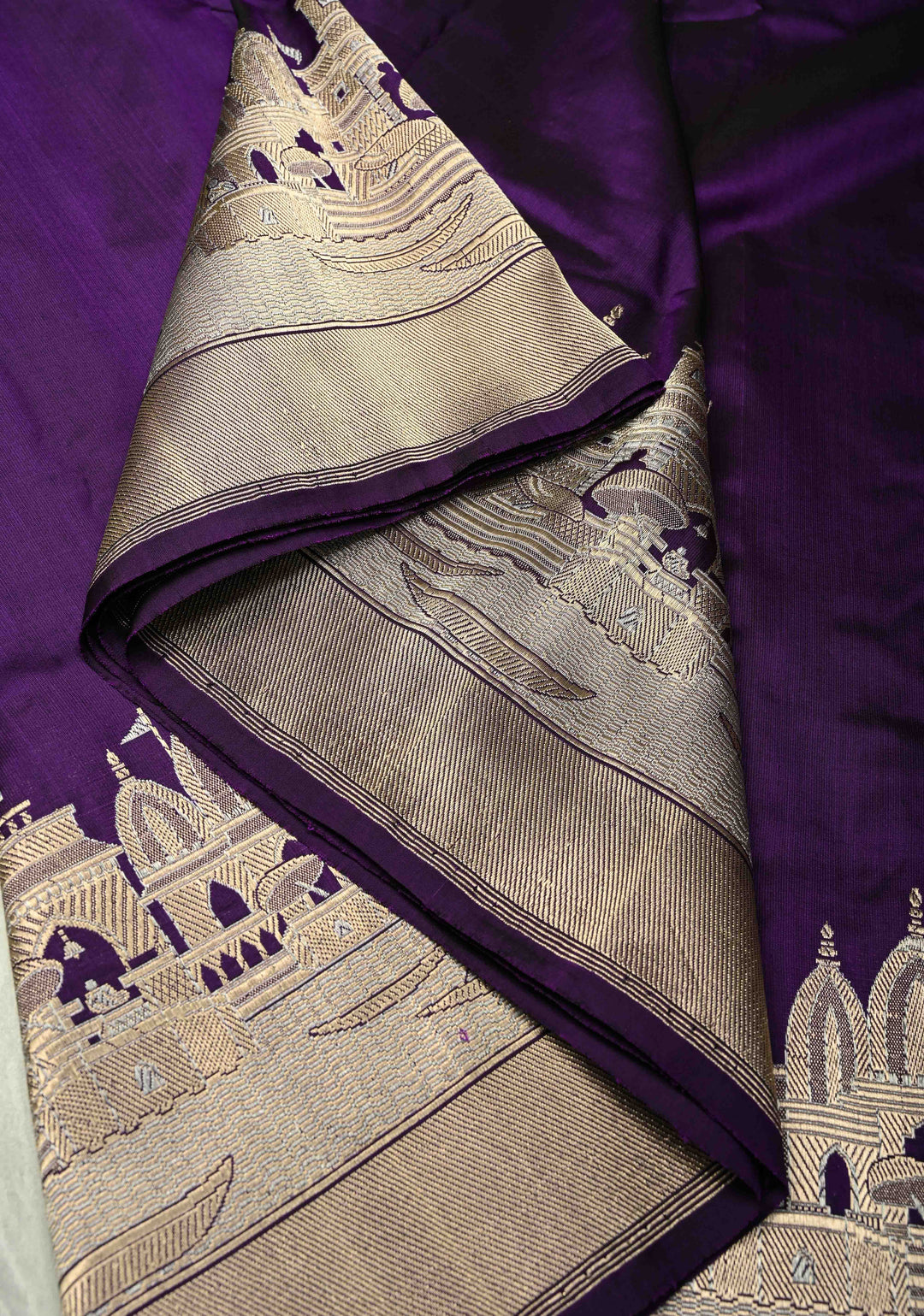 Eggplant Purple Banarasi Katan Silk Saree with and Ganga Ghat Temple Zari Border | SILK MARK CERTIFIED