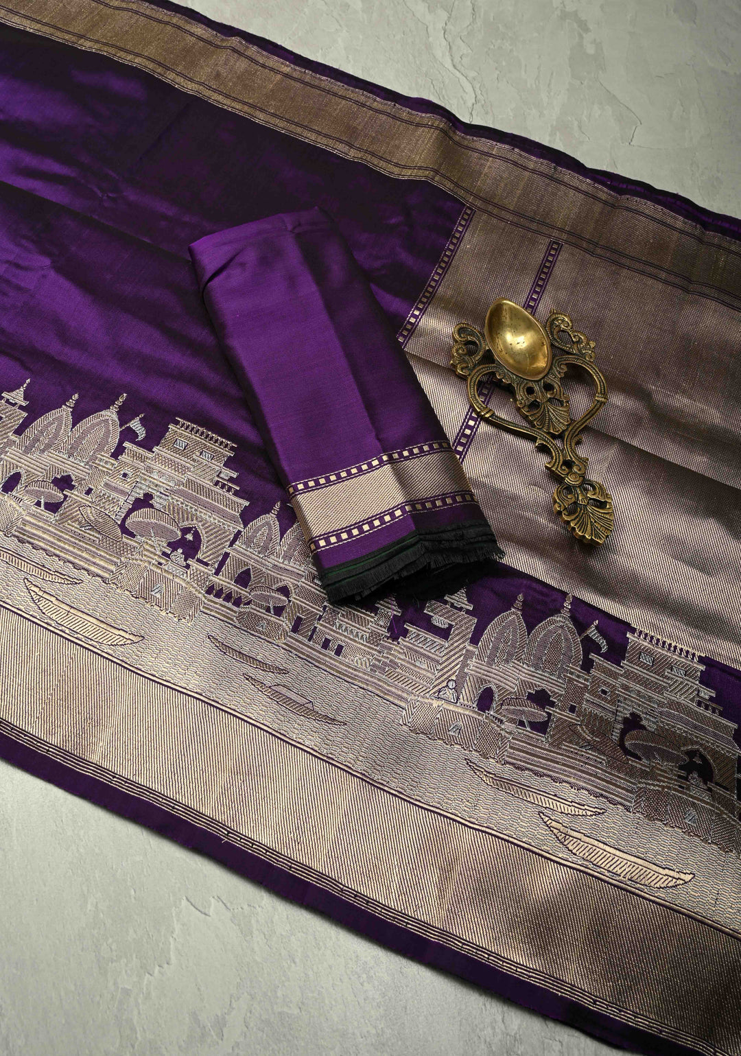 Eggplant Purple Banarasi Katan Silk Saree with and Ganga Ghat Temple Zari Border | SILK MARK CERTIFIED