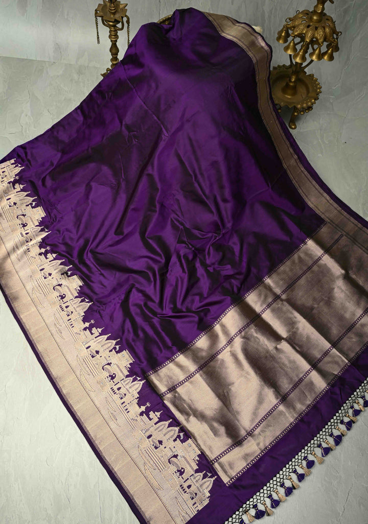 Eggplant Purple Banarasi Katan Silk Saree with and Ganga Ghat Temple Zari Border | SILK MARK CERTIFIED