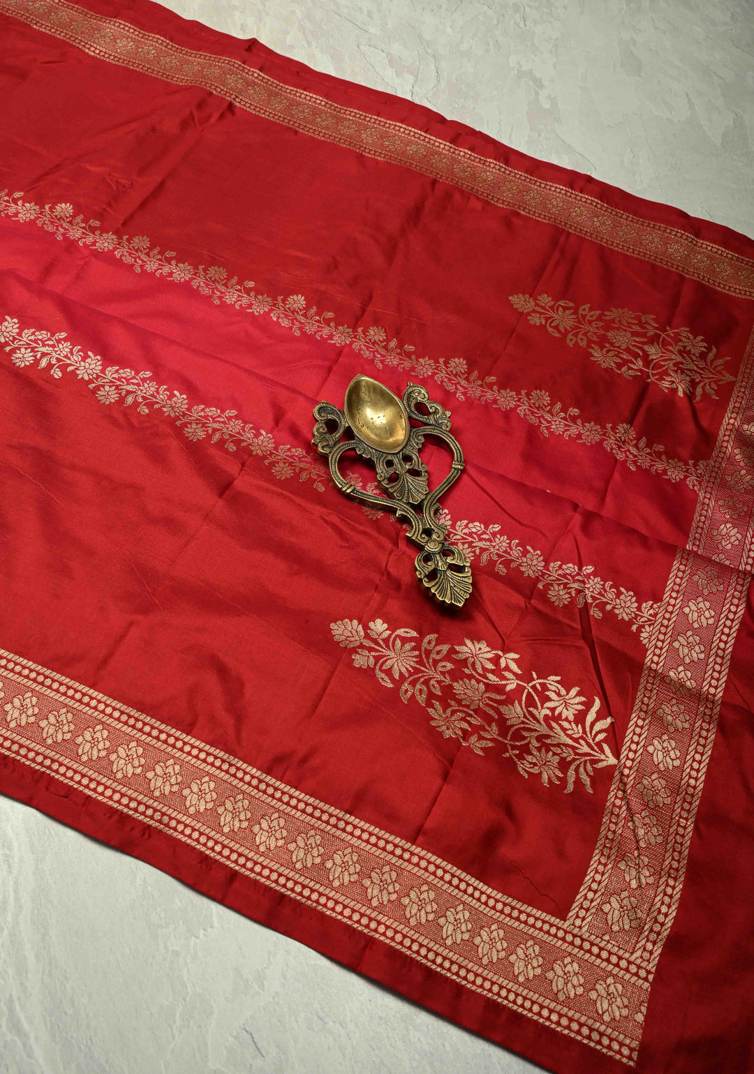 Shades of Red Banarasi Katan Silk Saree with Vine Zari Stripes and Zari Border | SILK MARK CERTIFIED