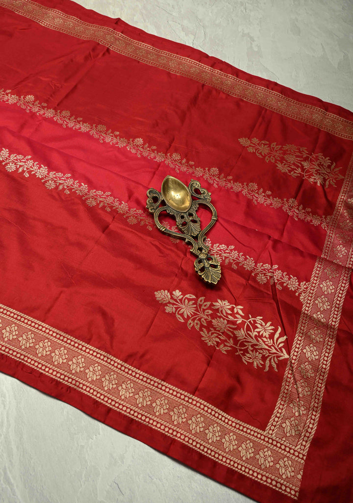 Shades of Red Banarasi Katan Silk Saree with Vine Zari Stripes and Zari Border | SILK MARK CERTIFIED