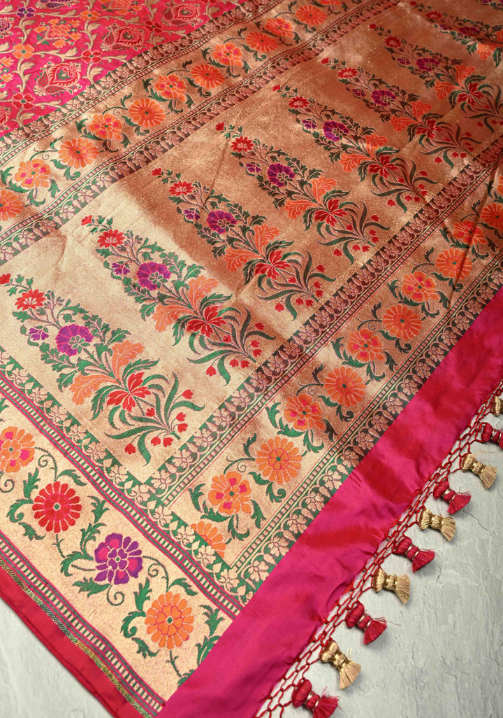 Exquisite Hot Pink Banarasi Meenakari Patola Design Saree in Pure Katan Silk with Intricate Pallu | SILK MARK CERTIFIED