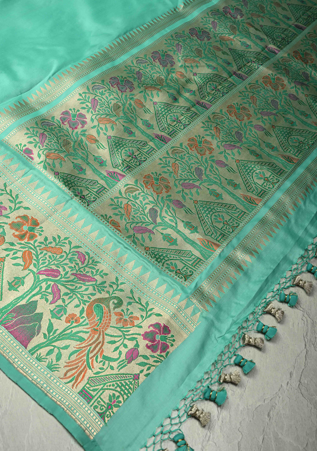 Seafoam Green Pure Banarasi Katan Silk Saree with Paithani Style Borders and Pallu | SILK MARK CERTIFIED