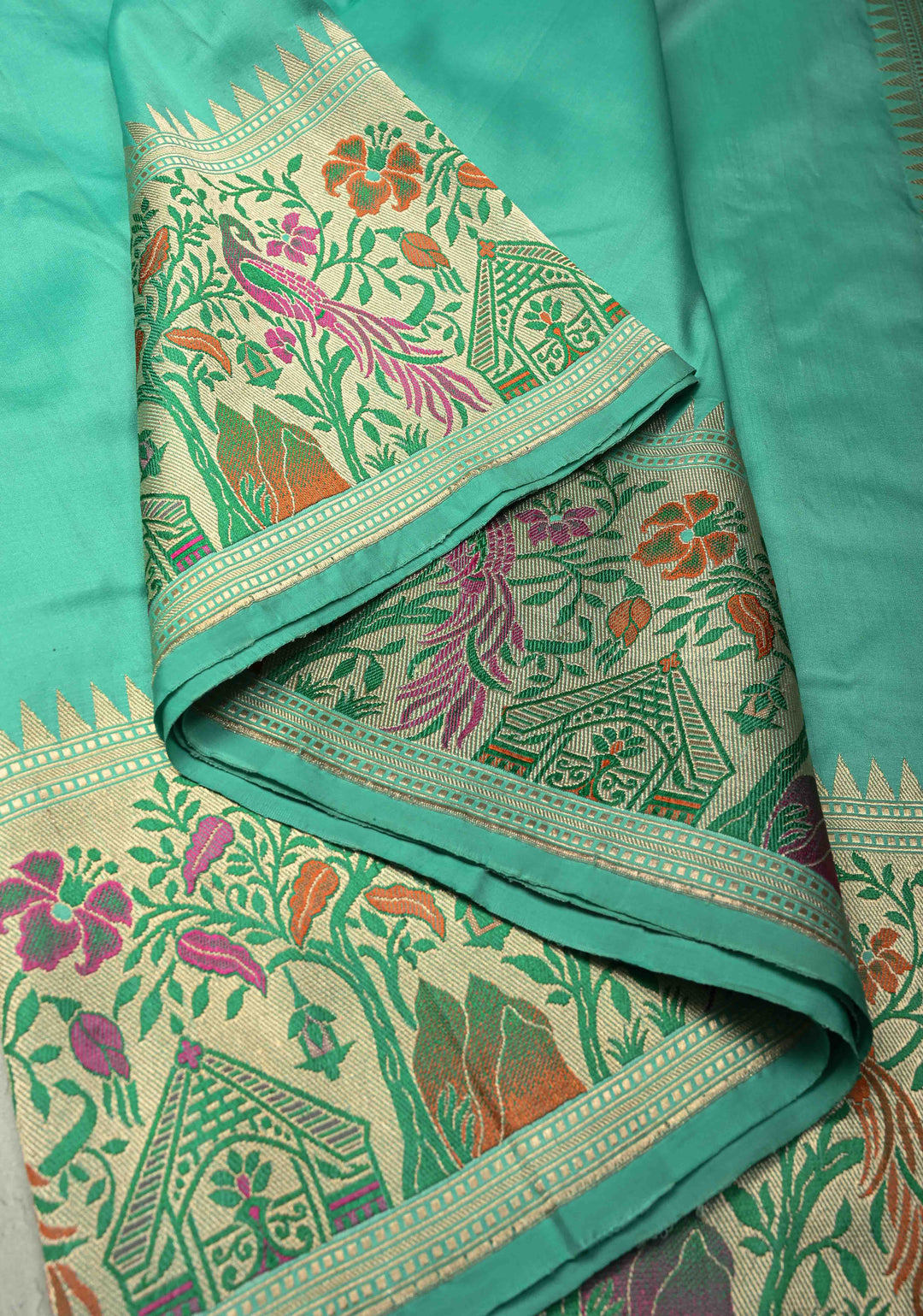 Seafoam Green Pure Banarasi Katan Silk Saree with Paithani Style Borders and Pallu | SILK MARK CERTIFIED