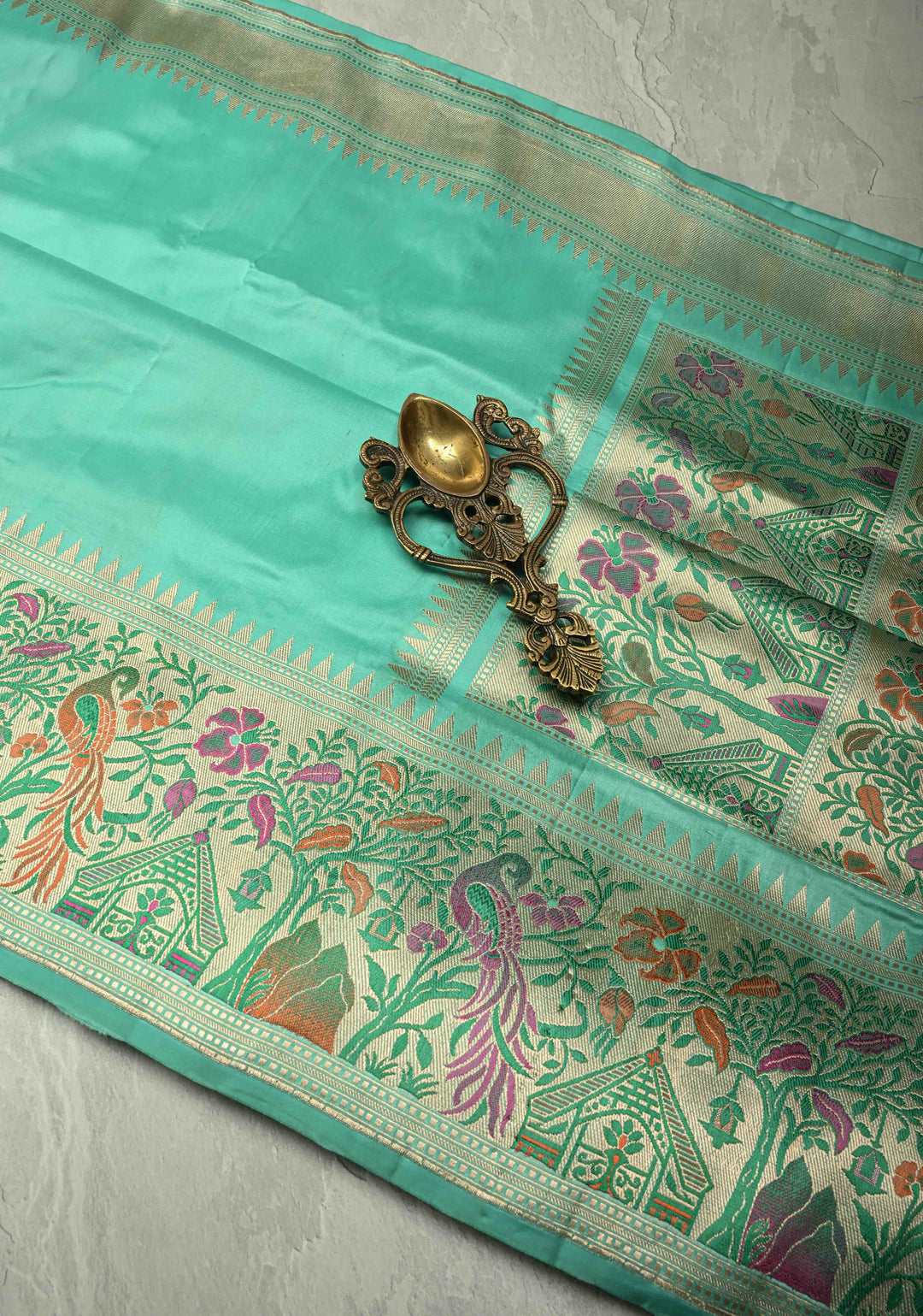 Seafoam Green Pure Banarasi Katan Silk Saree with Paithani Style Borders and Pallu | SILK MARK CERTIFIED