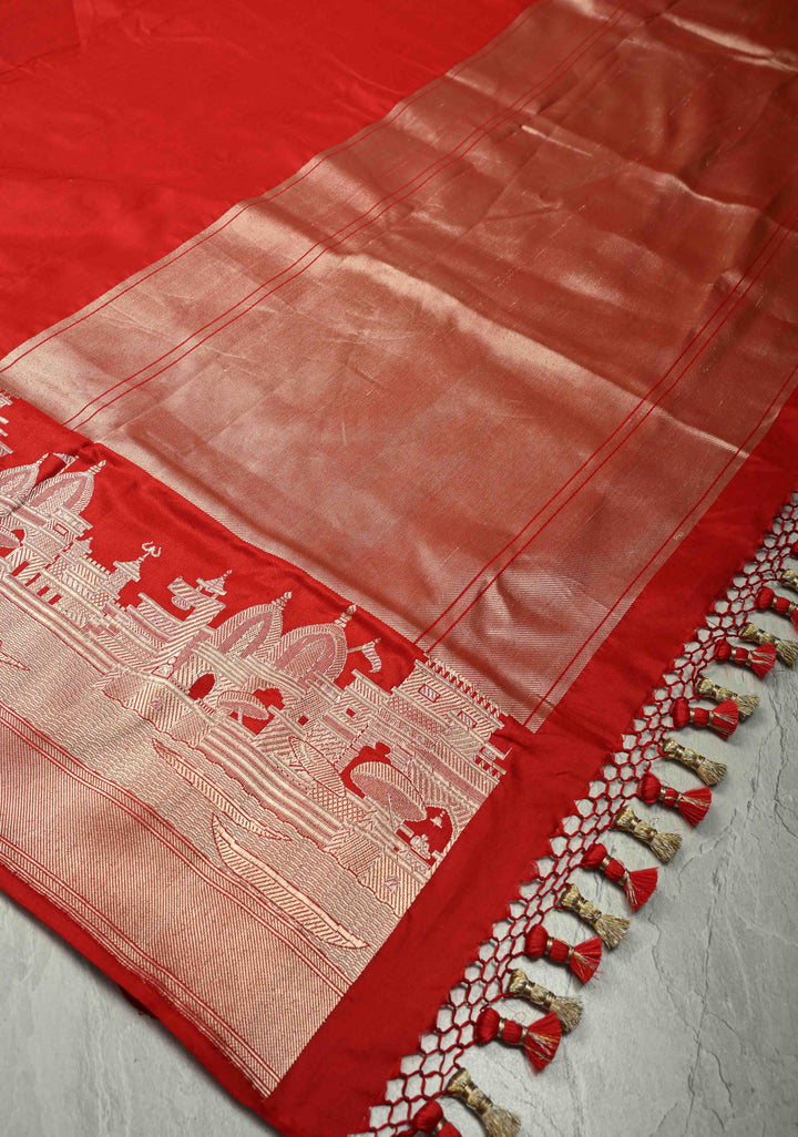 Blood Red Banarasi Katan Silk Saree with and Ganga Ghat Temple Zari Border | SILK MARK CERTIFIED