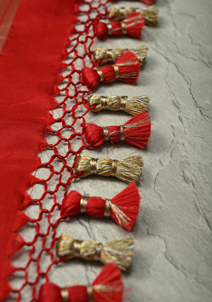 Blood Red Banarasi Katan Silk Saree with and Ganga Ghat Temple Zari Border | SILK MARK CERTIFIED