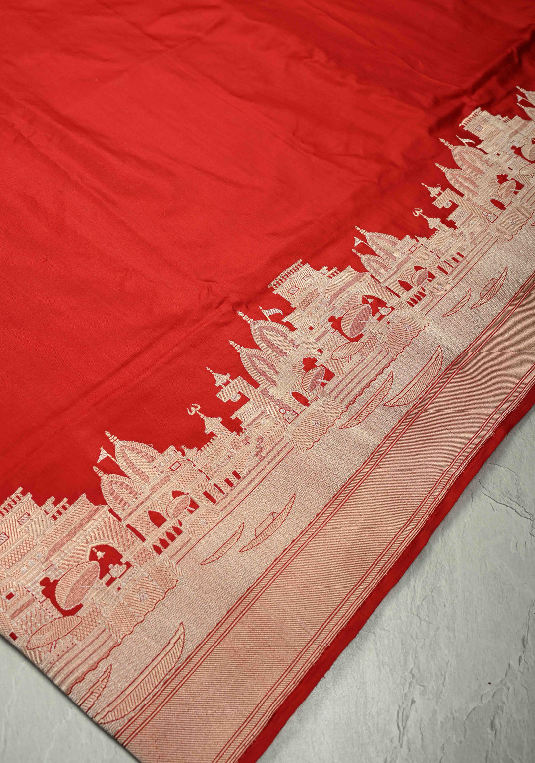 Blood Red Banarasi Katan Silk Saree with and Ganga Ghat Temple Zari Border | SILK MARK CERTIFIED