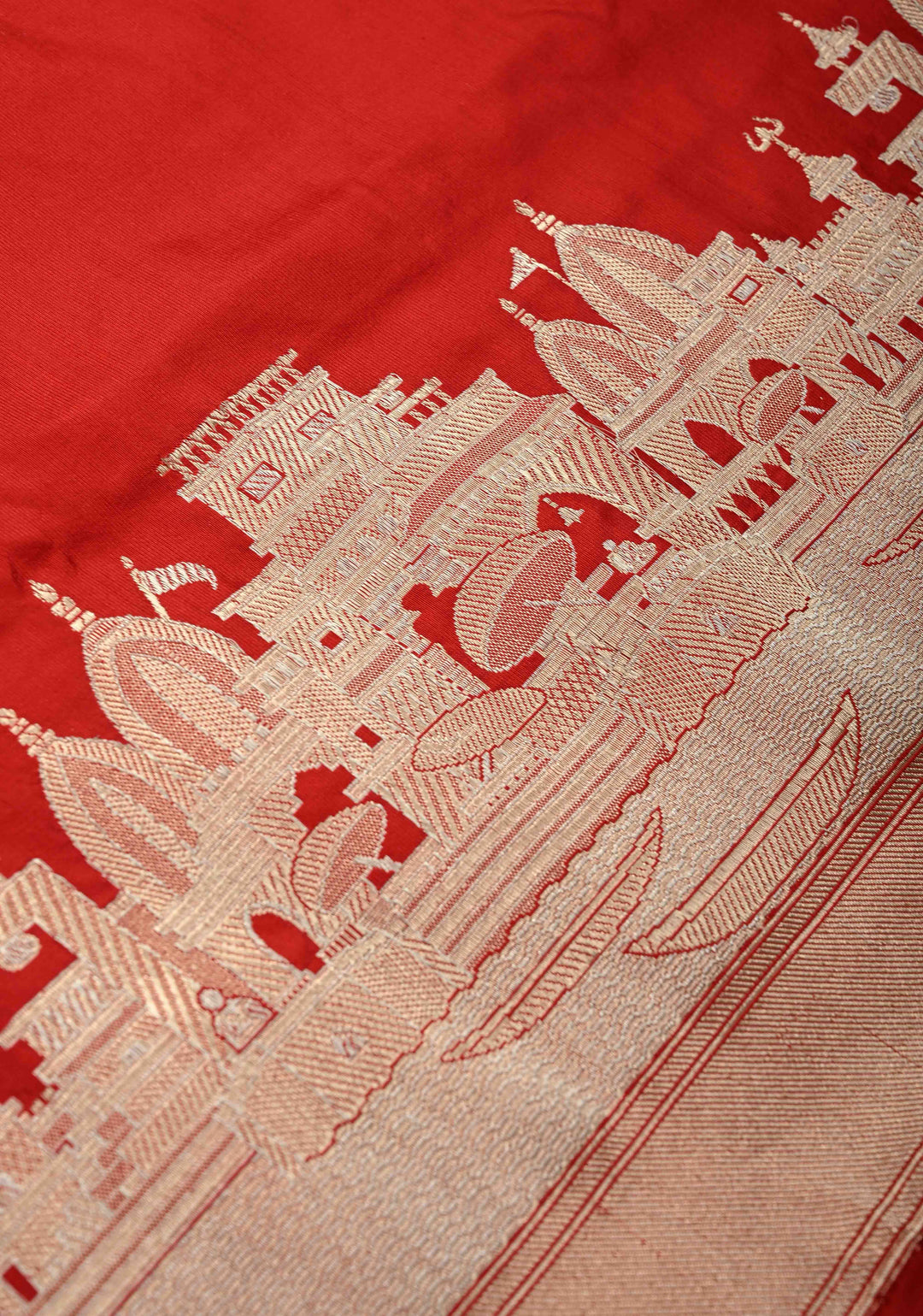 Blood Red Banarasi Katan Silk Saree with and Ganga Ghat Temple Zari Border | SILK MARK CERTIFIED