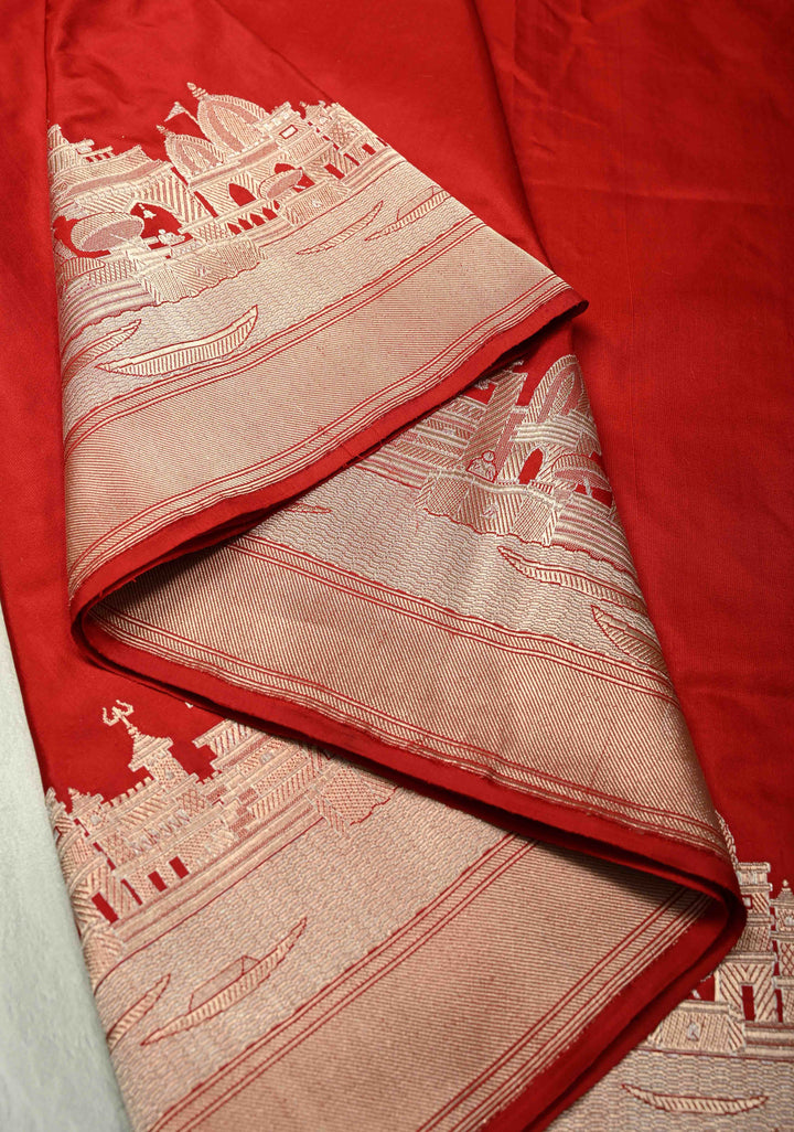 Blood Red Banarasi Katan Silk Saree with and Ganga Ghat Temple Zari Border | SILK MARK CERTIFIED