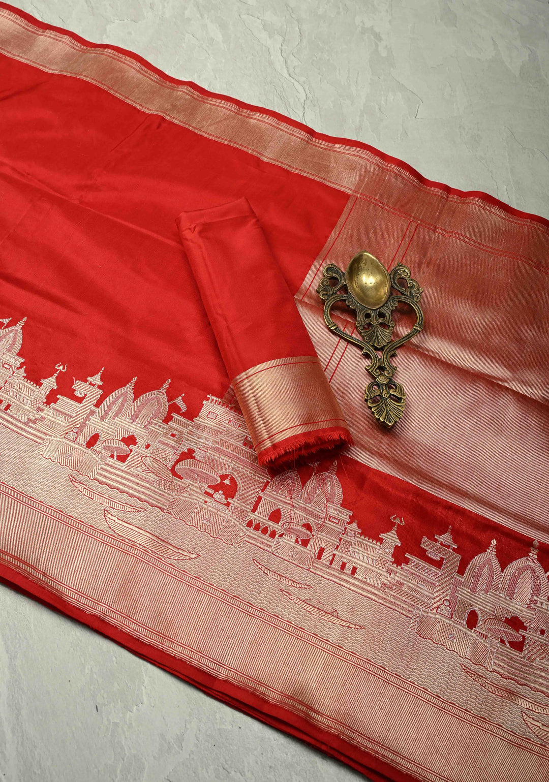Blood Red Banarasi Katan Silk Saree with and Ganga Ghat Temple Zari Border | SILK MARK CERTIFIED