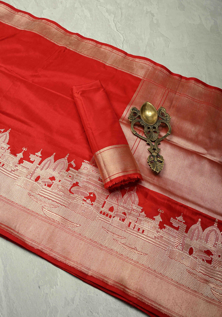 Blood Red Banarasi Katan Silk Saree with and Ganga Ghat Temple Zari Border | SILK MARK CERTIFIED