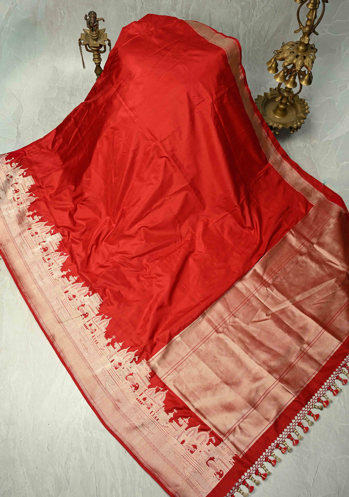 Blood Red Banarasi Katan Silk Saree with and Ganga Ghat Temple Zari Border | SILK MARK CERTIFIED
