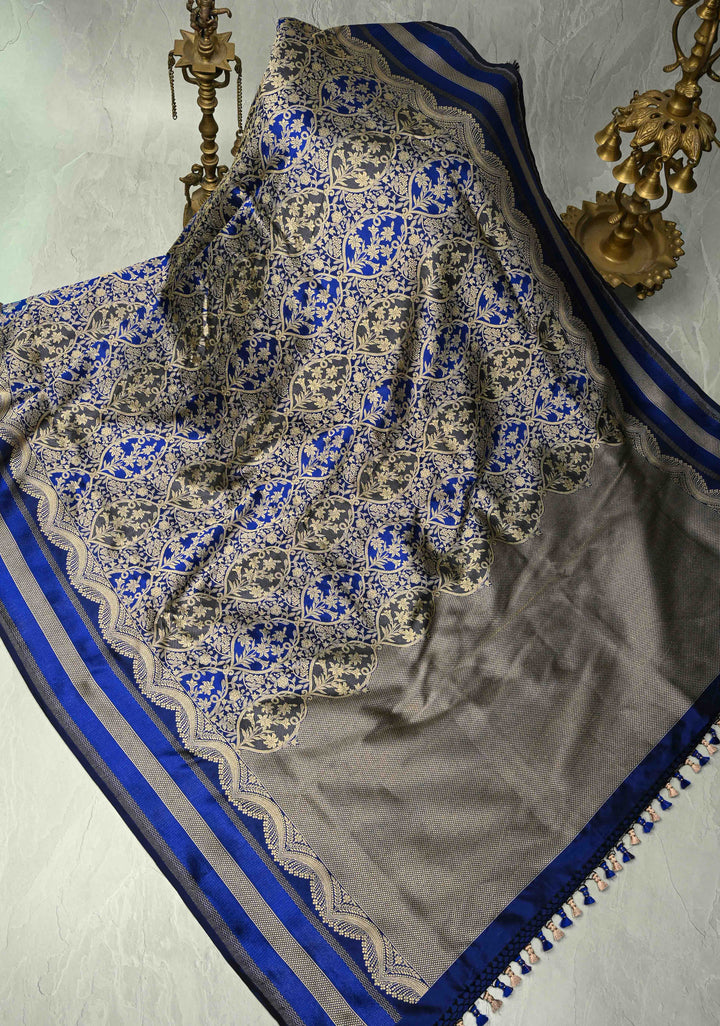 Shades of Blue Rangkaat Style Banarasi Katan Silk Saree and Persian Floral Brocade and Scallop Zari Border | SILK MARK CERTIFIED