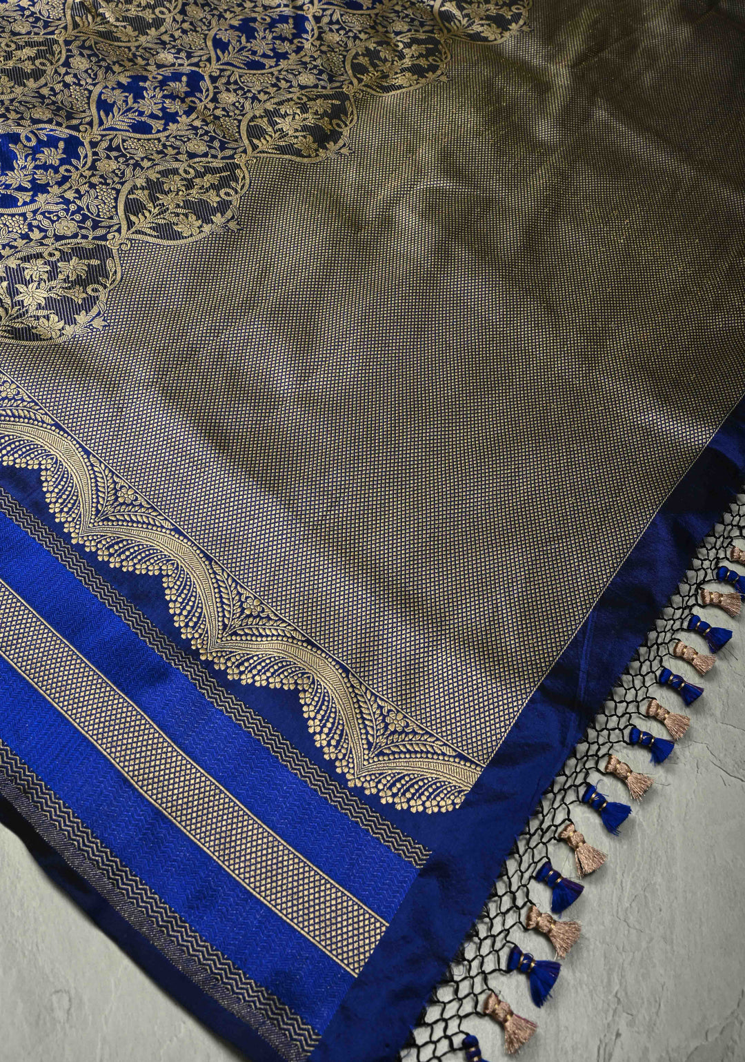 Shades of Blue Rangkaat Style Banarasi Katan Silk Saree and Persian Floral Brocade and Scallop Zari Border | SILK MARK CERTIFIED