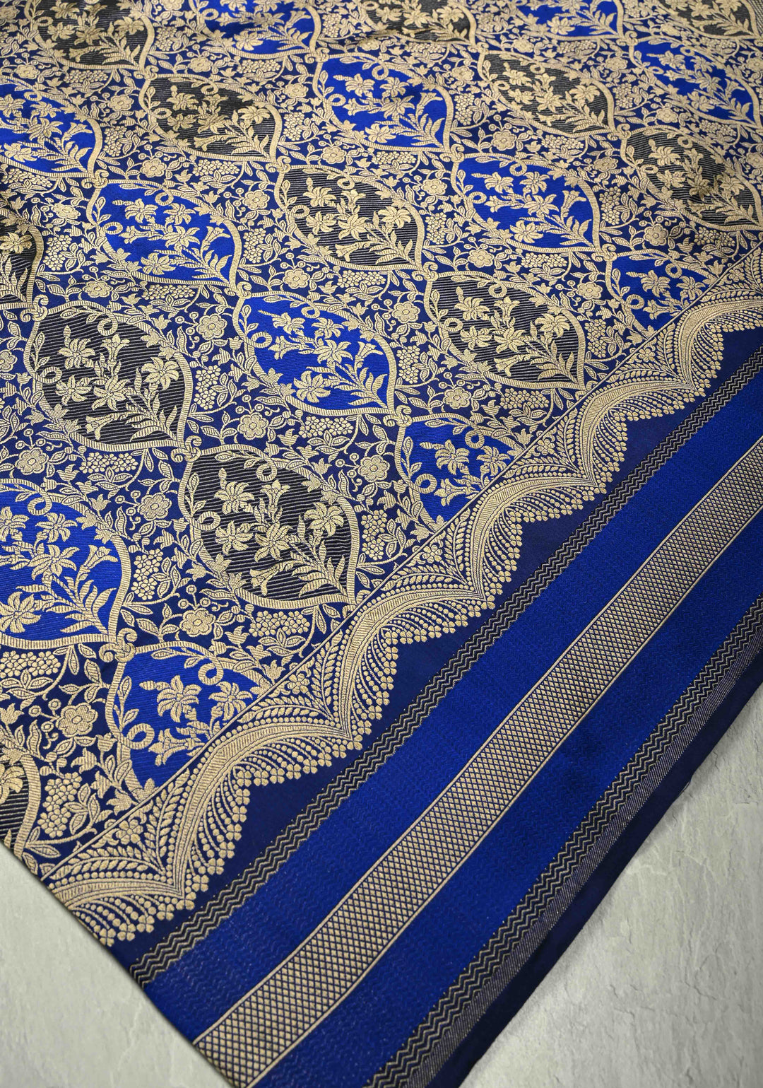 Shades of Blue Rangkaat Style Banarasi Katan Silk Saree and Persian Floral Brocade and Scallop Zari Border | SILK MARK CERTIFIED