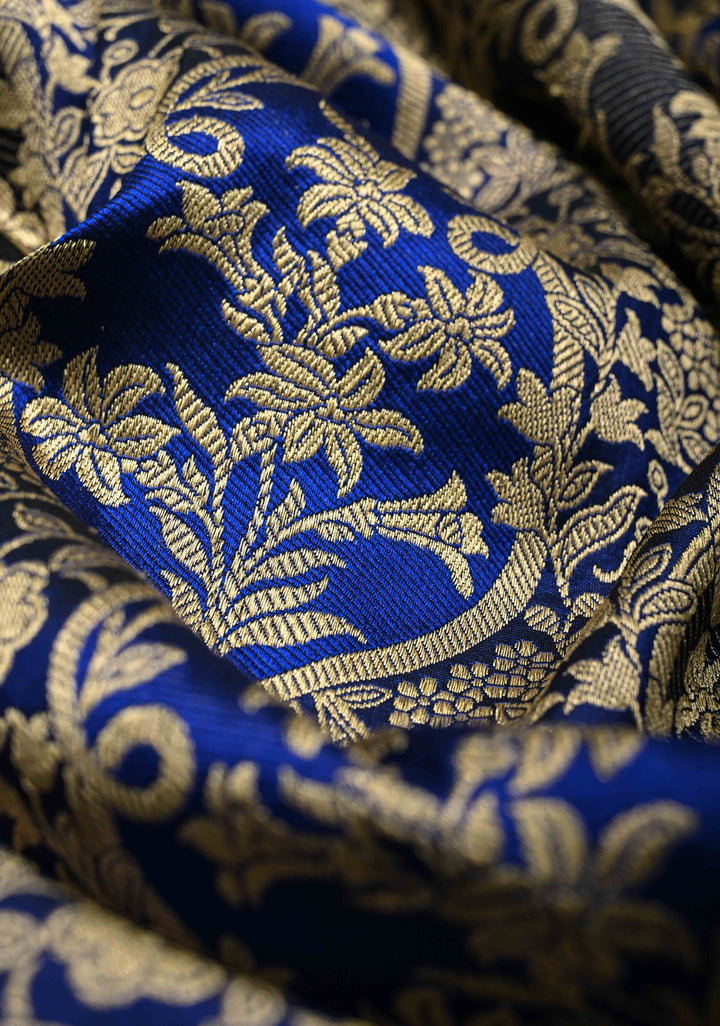 Shades of Blue Rangkaat Style Banarasi Katan Silk Saree and Persian Floral Brocade and Scallop Zari Border | SILK MARK CERTIFIED