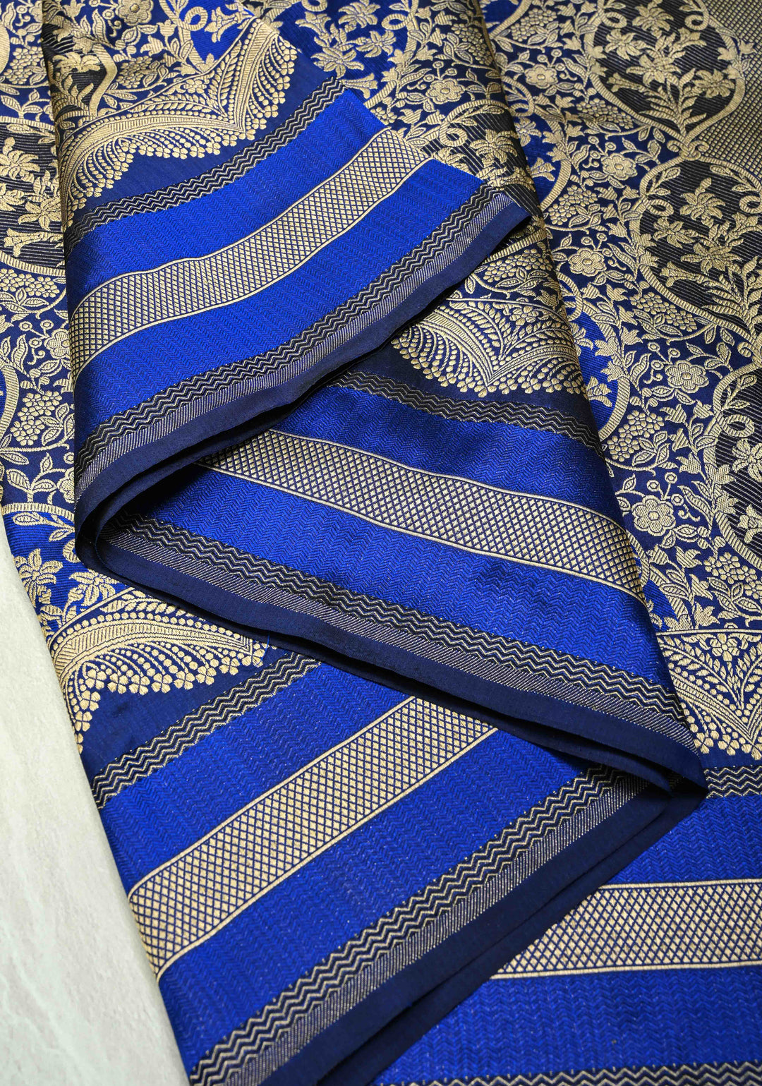 Shades of Blue Rangkaat Style Banarasi Katan Silk Saree and Persian Floral Brocade and Scallop Zari Border | SILK MARK CERTIFIED