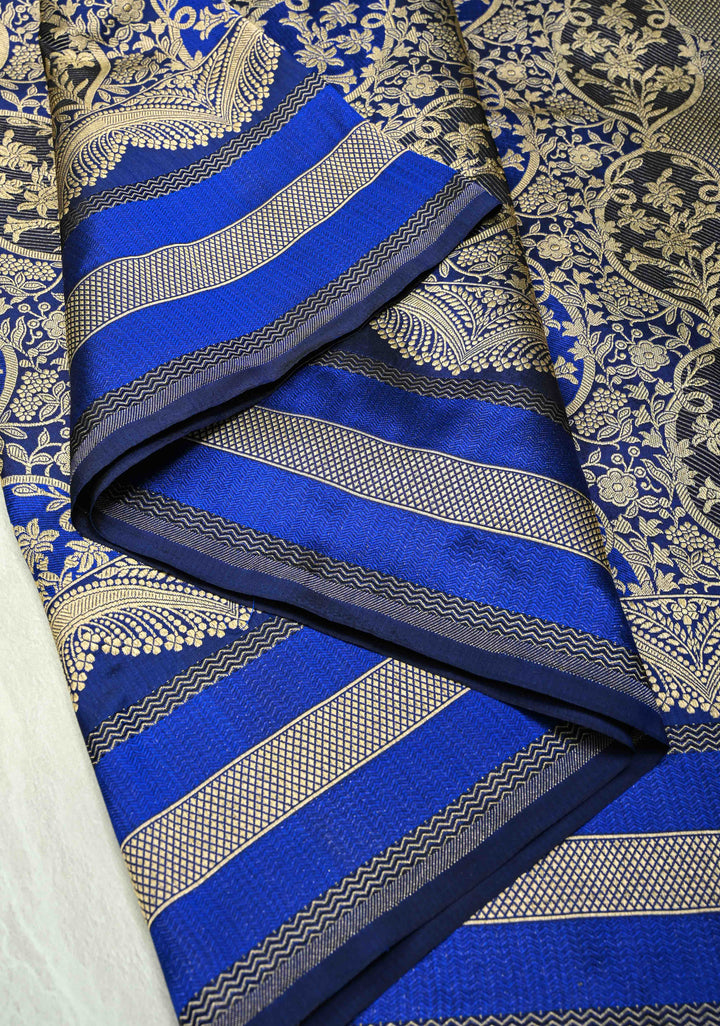 Shades of Blue Rangkaat Style Banarasi Katan Silk Saree and Persian Floral Brocade and Scallop Zari Border | SILK MARK CERTIFIED