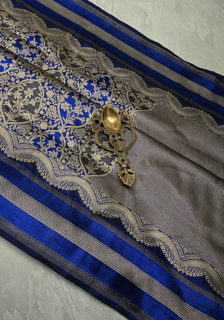 Shades of Blue Rangkaat Style Banarasi Katan Silk Saree and Persian Floral Brocade and Scallop Zari Border | SILK MARK CERTIFIED