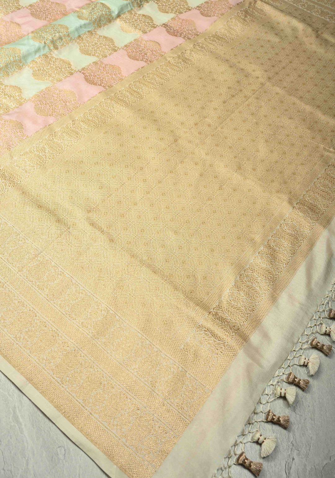 Pastel Hued Rangkaat Style Banarasi Katan Silk Saree and Floral Brocade and Zari Border | SILK MARK CERTIFIED