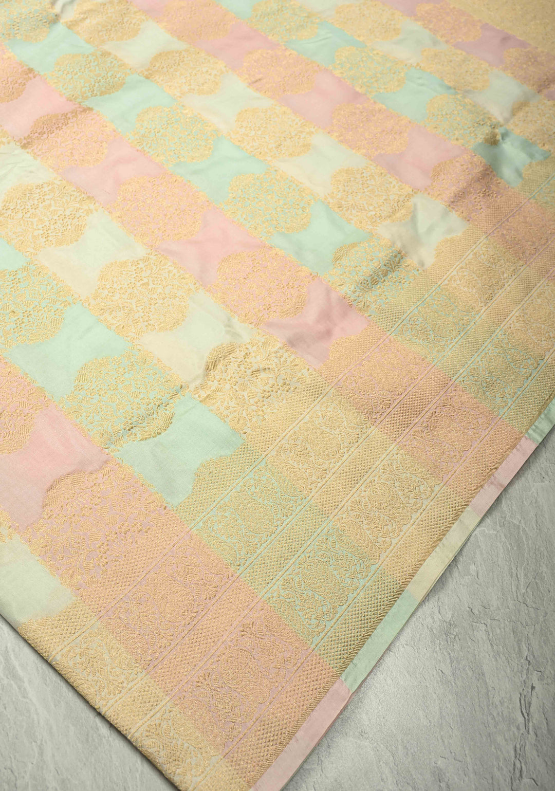 Pastel Hued Rangkaat Style Banarasi Katan Silk Saree and Floral Brocade and Zari Border | SILK MARK CERTIFIED
