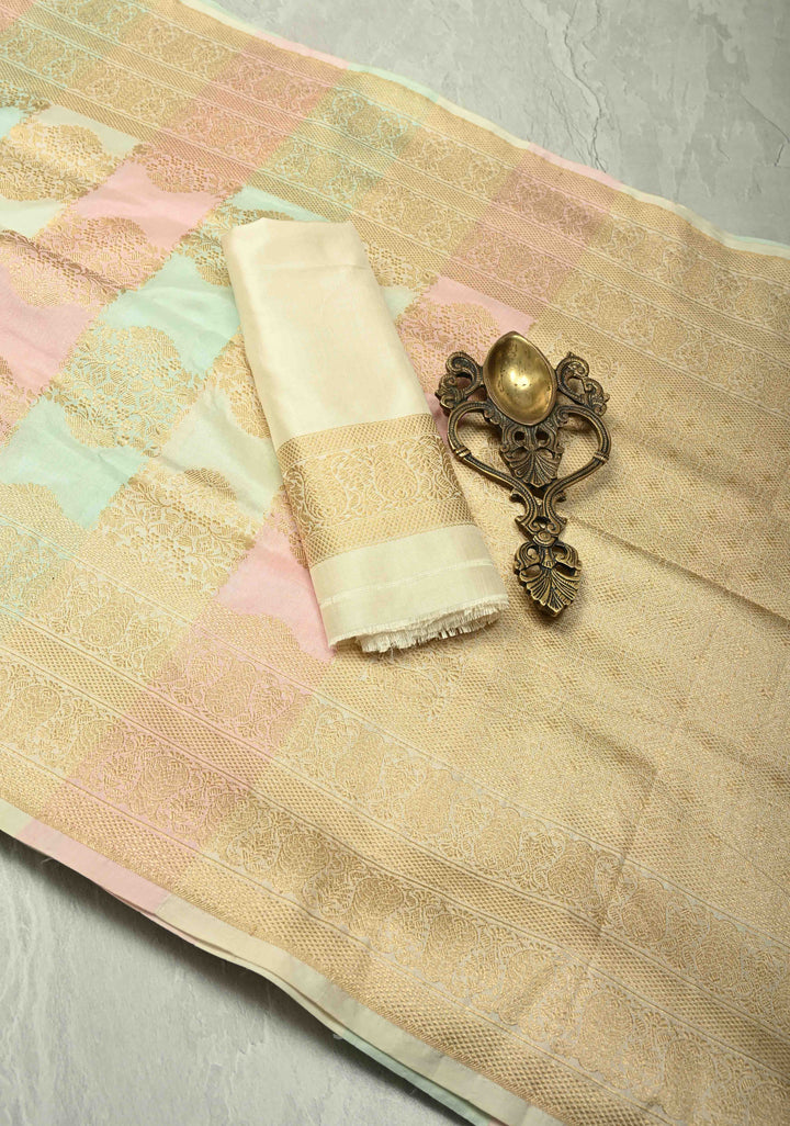 Pastel Hued Rangkaat Style Banarasi Katan Silk Saree and Floral Brocade and Zari Border | SILK MARK CERTIFIED