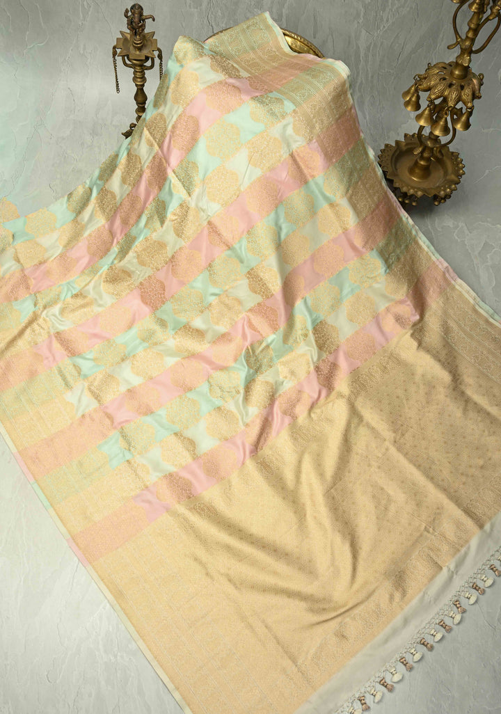 Pastel Hued Rangkaat Style Banarasi Katan Silk Saree and Floral Brocade and Zari Border | SILK MARK CERTIFIED