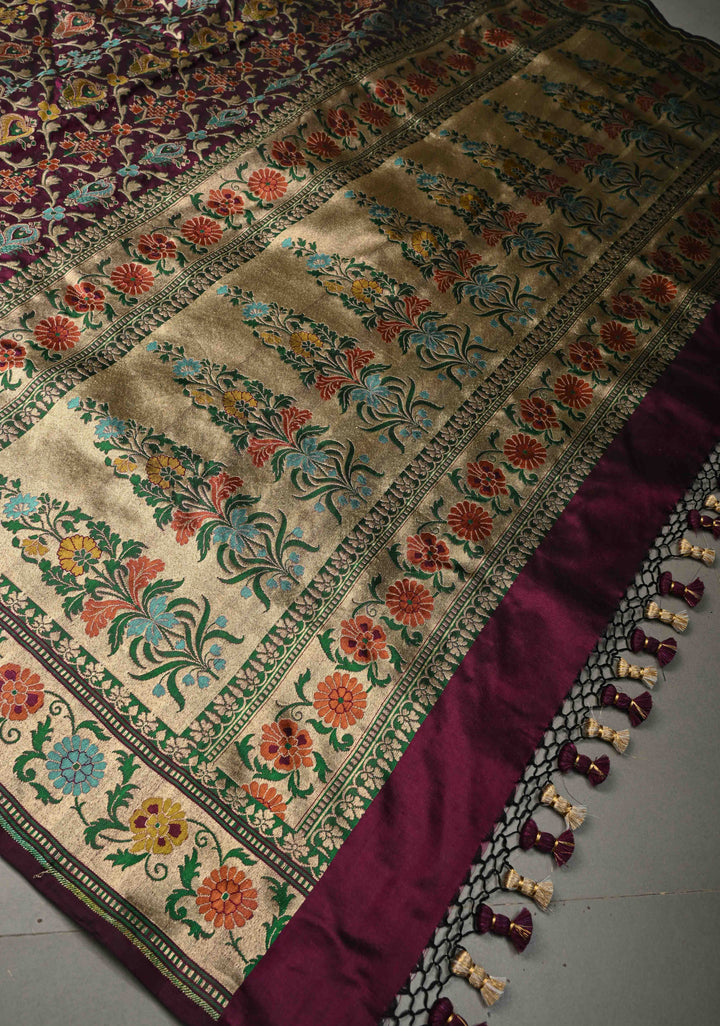 Exquisite Dark Wine Banarasi Katan Silk Saree with Patola Meenakari Paithani Border and Pallu | SILK MARK CERTIFIED | SHOBITAM