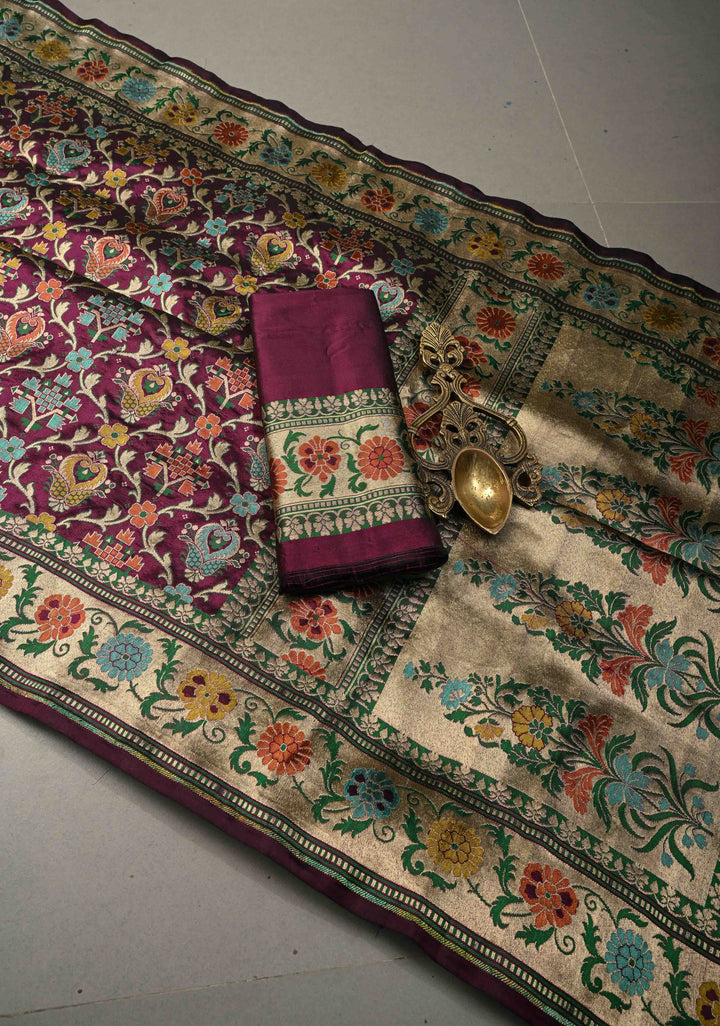 Exquisite Dark Wine Banarasi Katan Silk Saree with Patola Meenakari Paithani Border and Pallu | SILK MARK CERTIFIED | SHOBITAM