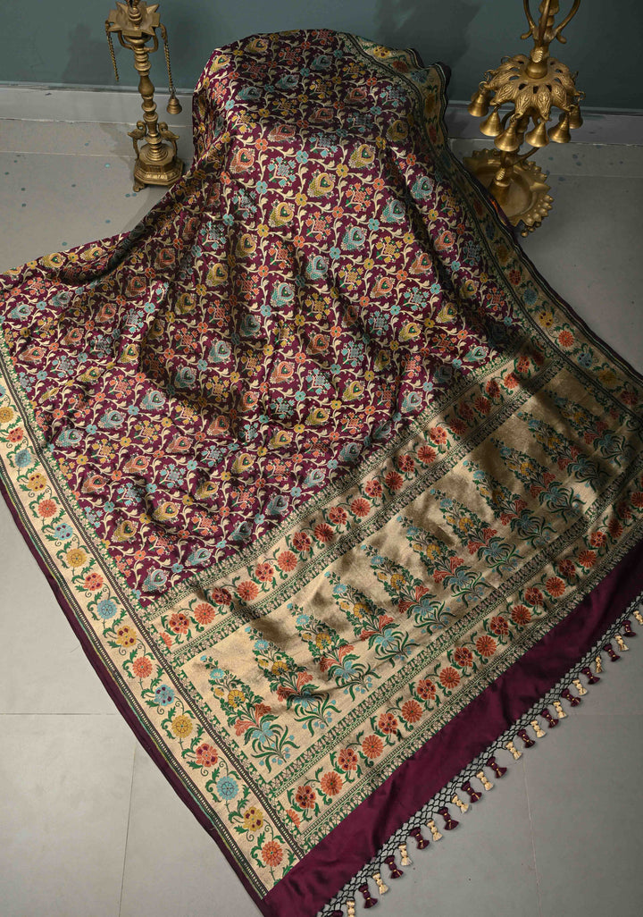 Exquisite Dark Wine Banarasi Katan Silk Saree with Patola Meenakari Paithani Border and Pallu | SILK MARK CERTIFIED | SHOBITAM