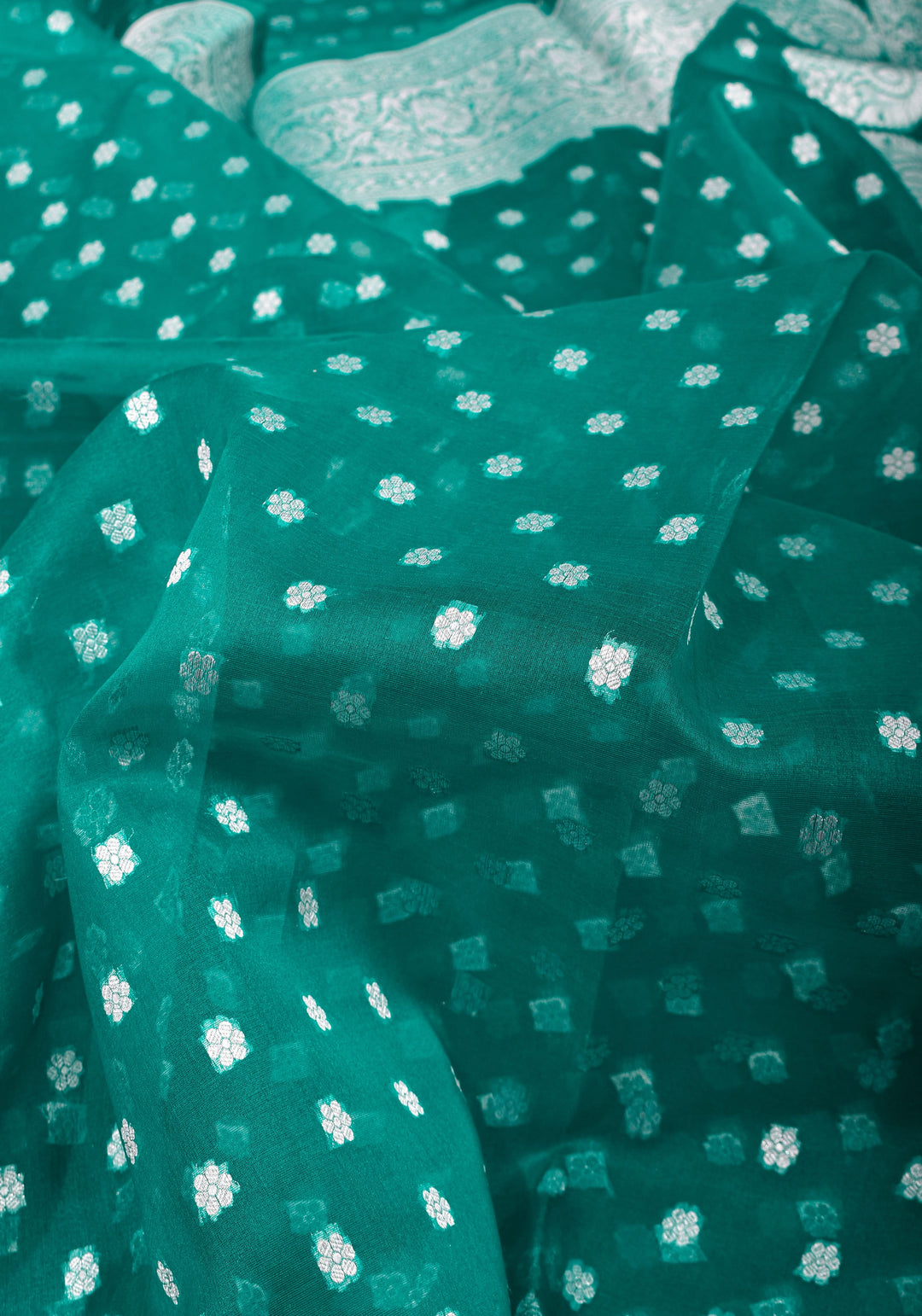 Banarasi Kora Silk Saree in Green with Silver Tone Chunri Butis | SILK MARK CERTIFIED