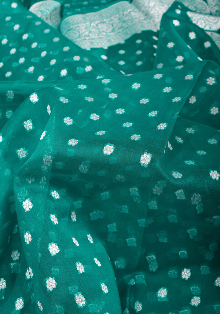 Banarasi Kora Silk Saree in Green with Silver Tone Chunri Butis | SILK MARK CERTIFIED