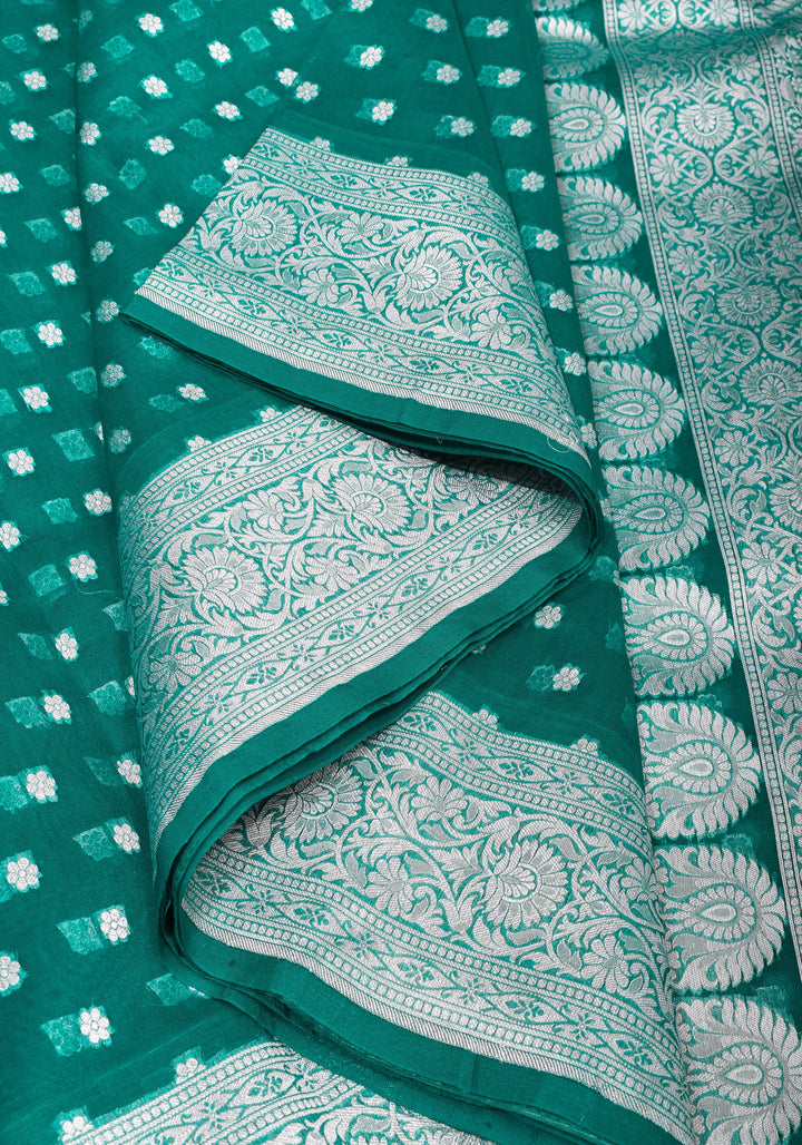 Banarasi Kora Silk Saree in Green with Silver Tone Chunri Butis | SILK MARK CERTIFIED