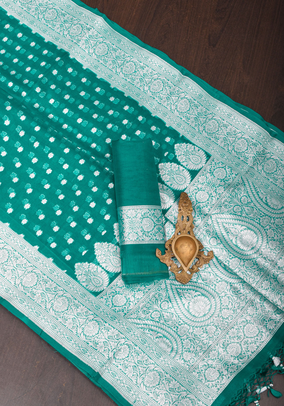Banarasi Kora Silk Saree in Green with Silver Tone Chunri Butis | SILK MARK CERTIFIED