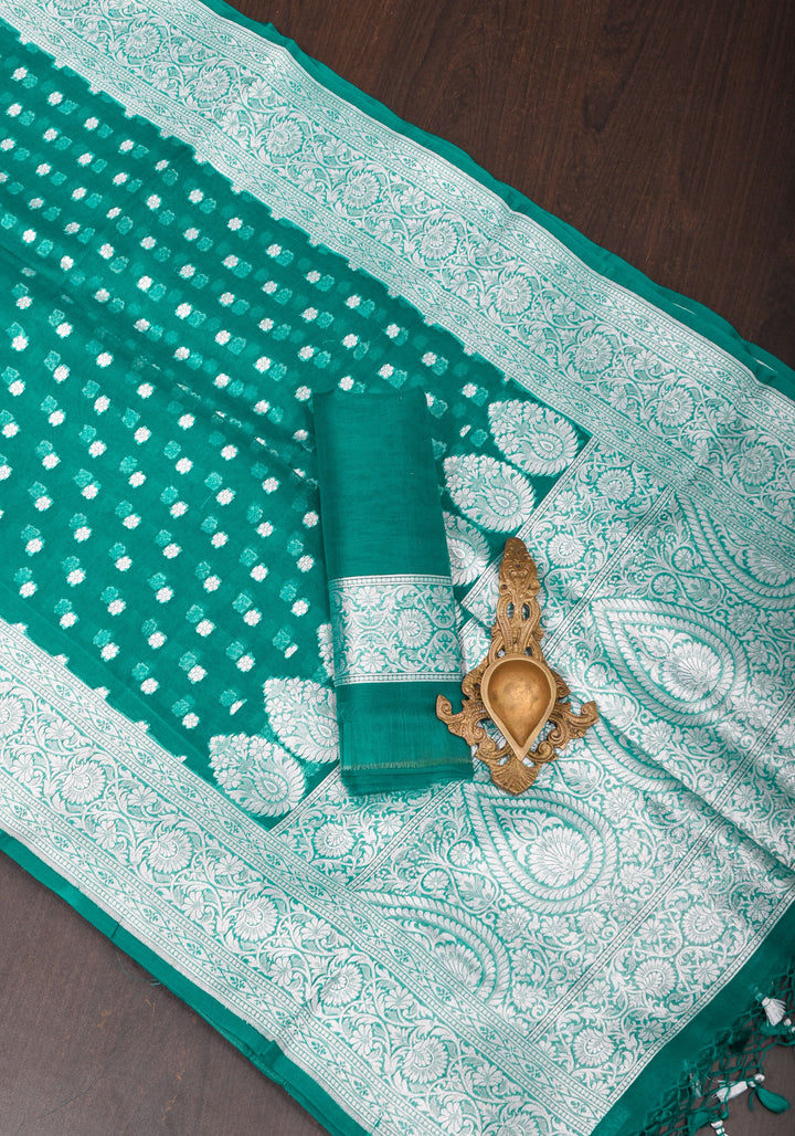Banarasi Kora Silk Saree in Green with Silver Tone Chunri Butis | SILK MARK CERTIFIED