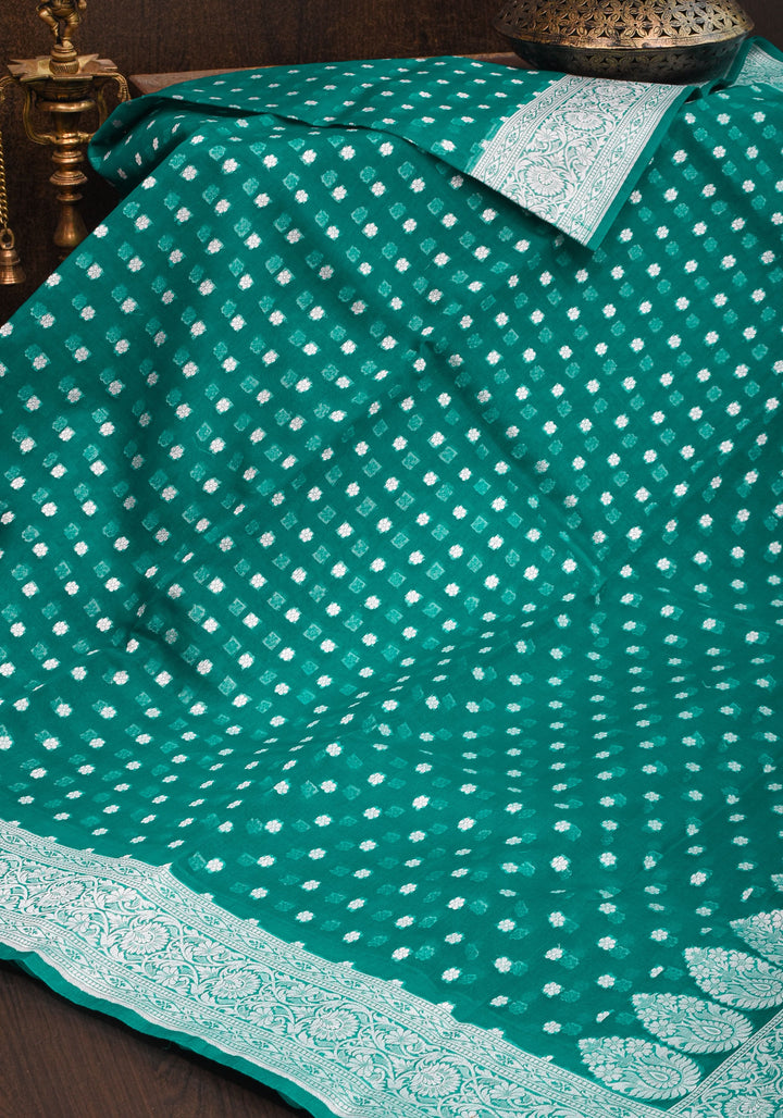 Banarasi Kora Silk Saree in Green with Silver Tone Chunri Butis | SILK MARK CERTIFIED