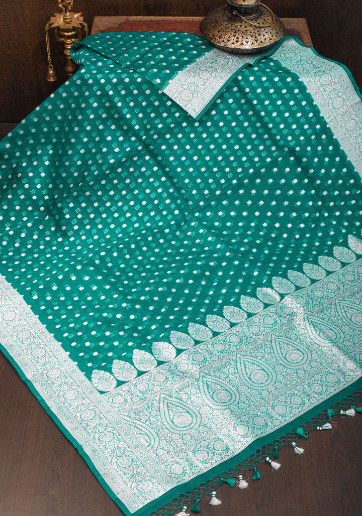 Banarasi Kora Silk Saree in Green with Silver Tone Chunri Butis | SILK MARK CERTIFIED