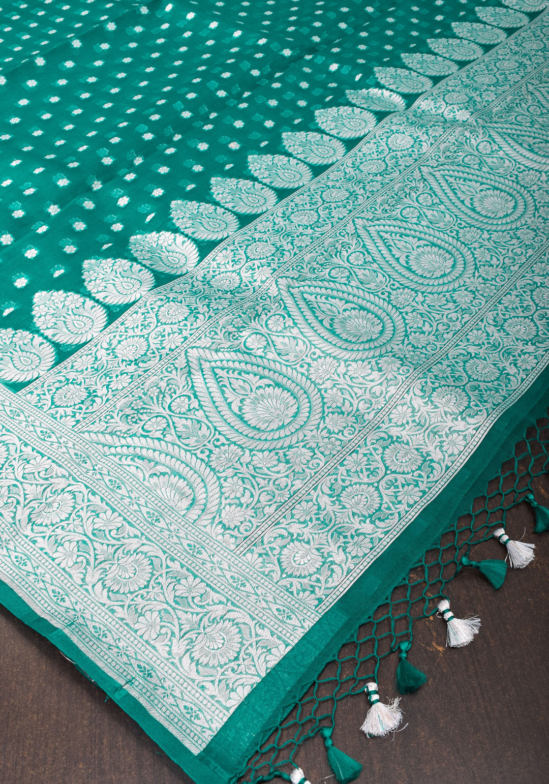 Banarasi Kora Silk Saree in Green with Silver Tone Chunri Butis | SILK MARK CERTIFIED
