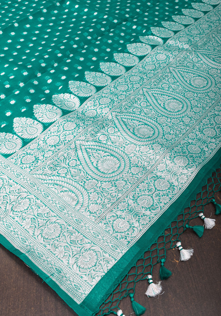 Banarasi Kora Silk Saree in Green with Silver Tone Chunri Butis | SILK MARK CERTIFIED
