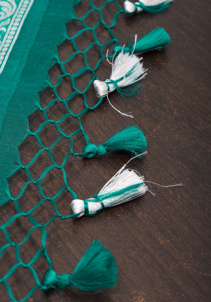 Banarasi Kora Silk Saree in Green with Silver Tone Chunri Butis | SILK MARK CERTIFIED