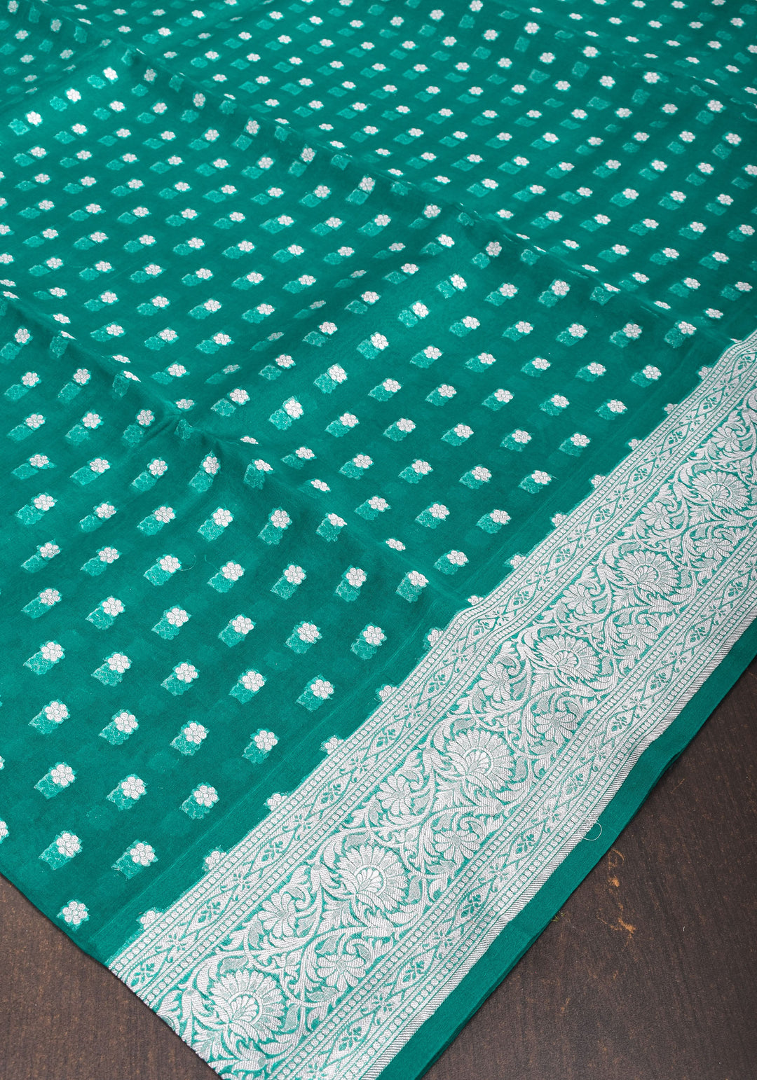 Banarasi Kora Silk Saree in Green with Silver Tone Chunri Butis | SILK MARK CERTIFIED