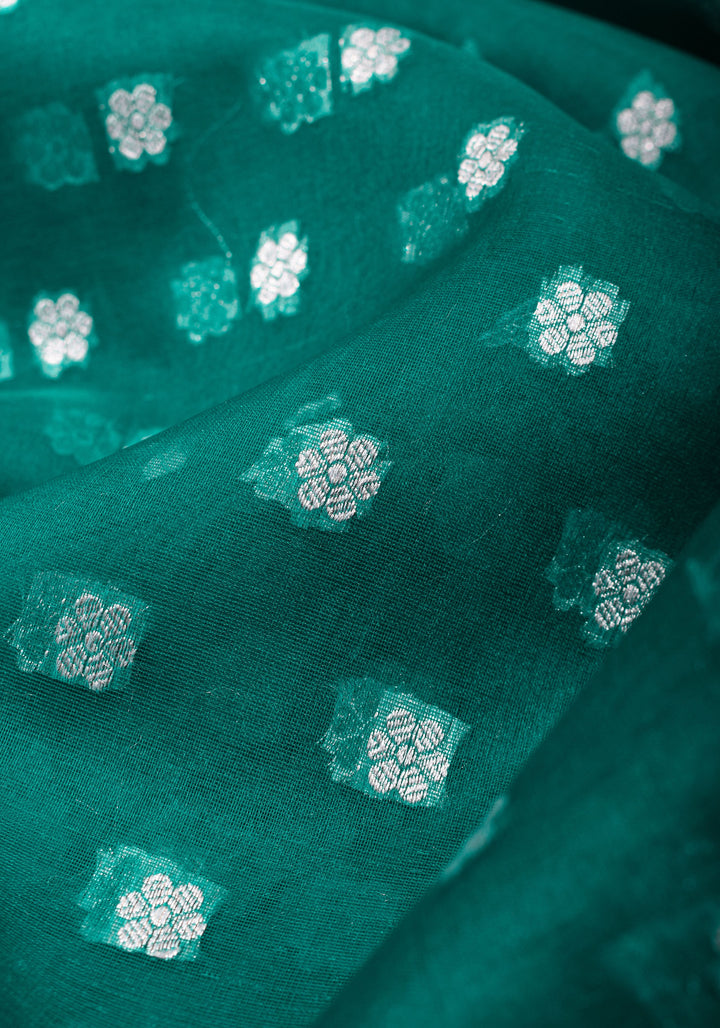 Banarasi Kora Silk Saree in Green with Silver Tone Chunri Butis | SILK MARK CERTIFIED